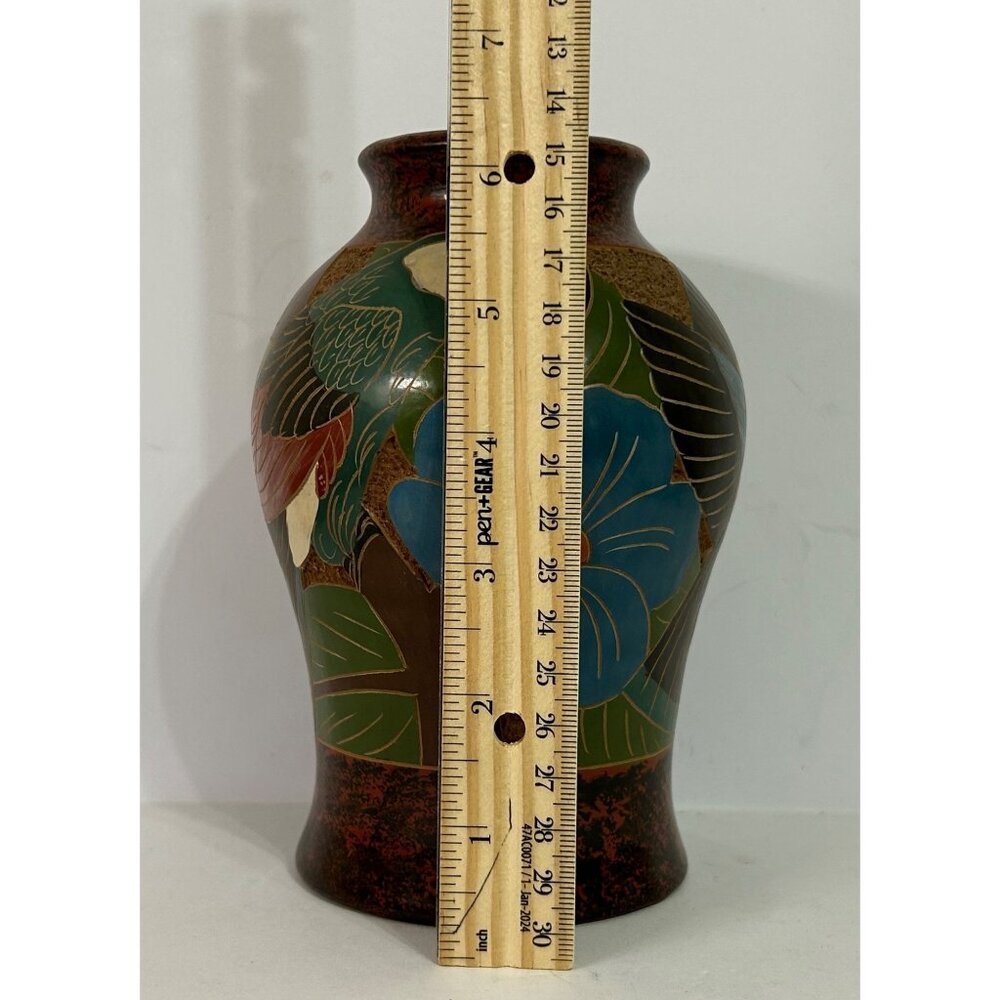 Handcrafted Ceramic Folk Art Vase Parrot & Fish Design Green Blue Red Cost Rica - Picture 2 of 10